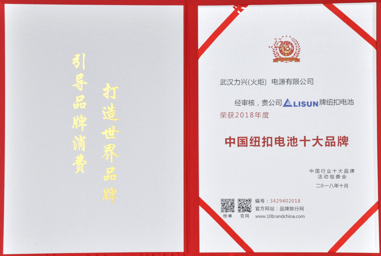 LISUN/力兴 was selected as one of the top 10 button battery brands in China for the year 2018.
